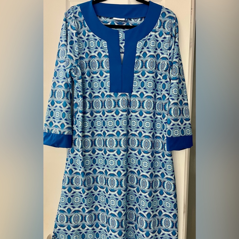 Cabana Life SPF sun shift dress XL 12 blue mosaic Greece vacation  beach